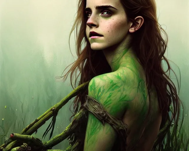 Image similar to mindblowing portrait of emma watson as a swamp witch, green colored skin, deep focus, d & d, fantasy, intricate, elegant, highly detailed, digital painting, artstation, concept art, matte, sharp, illustration, hearthstone, art by artgerm and greg rutkowski and alphonse mucha