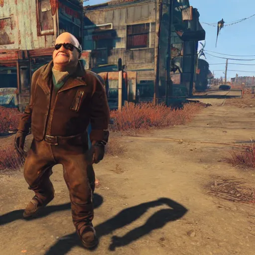Prompt: in-game screenshot of Danny Devito in Fallout 4 (2016)