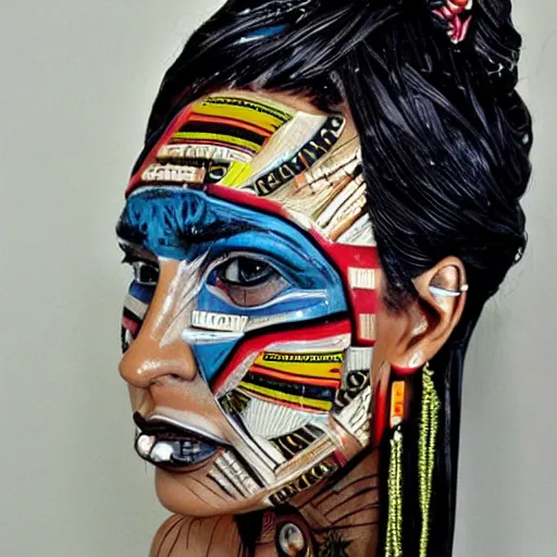 Prompt: a beautiful portrait sculpture designed by Sandra Chevrier, tribal makeup