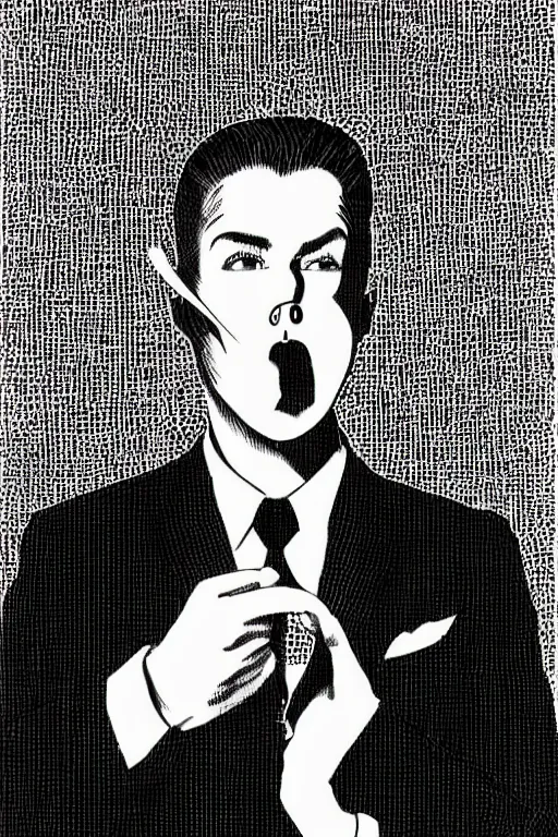 Image similar to portrait of young man wearing black medical mask, suit and tie, style of virgil finlay