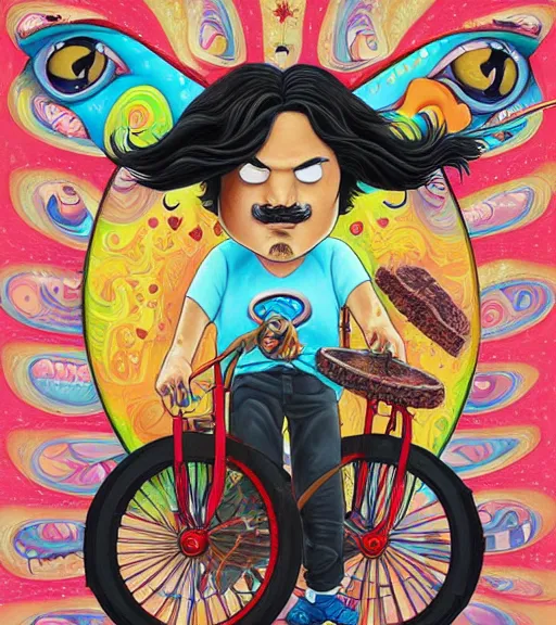 Image similar to Jason Momoa on a tricycle, lowbrow painting by Jeremiah Ketner and Hiroyuki Mitsume-Takahashi and Goro Fujita and Mark Ryden