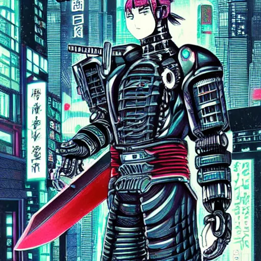 Image similar to beautiful hyper-detailed full colour manga illustration of a robot ninja warrior with a sword, standing on top of a modified Nissan skyline r34, cyberpunk, dystopian, neon, rain