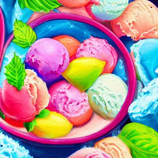 Prompt: summer ice cream close - up painting, colorful