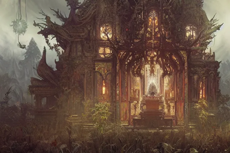 Prompt: painting of an demonic shrine in the grim, forest, concept art, intricate details, eerie, highly detailed, photorealistic, octane render, 8 k, unreal engine. art by artgerm and greg rutkowski and alphonse mucha