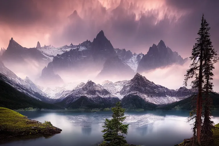 Image similar to landscape photography by marc adamus, mountains, a lake, dramatic lighting, mountains, a tree in the foreground