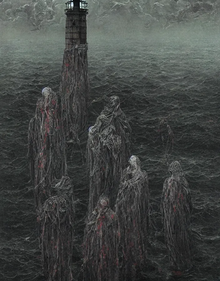 Prompt: worshippers in tattered robes belonging to the cult of the lighthouse standing in waves, a lighthouse, high detailed beksinski painting, part by adrian ghenie and gerhard richter. art by takato yamamoto. masterpiece, dark and moody, deep colours,