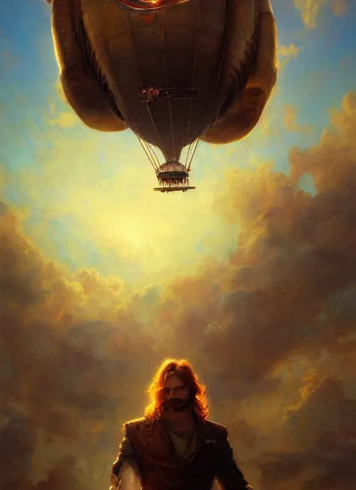 Image similar to portrait painting of a handsome face rugged long hair crimson hair male captain, top half portrait soft hair steampunk ornate mechanical zeppelin blimp airship in the background sky sunset golden hour fantasy soft hair deviantart book cover art dramatic volumetric lighting art by wlop greg rutkowski gaston bussiere