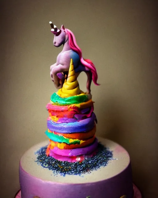 Image similar to photo of a childrens birthday cake unicorn designed by beksinski, bokeh