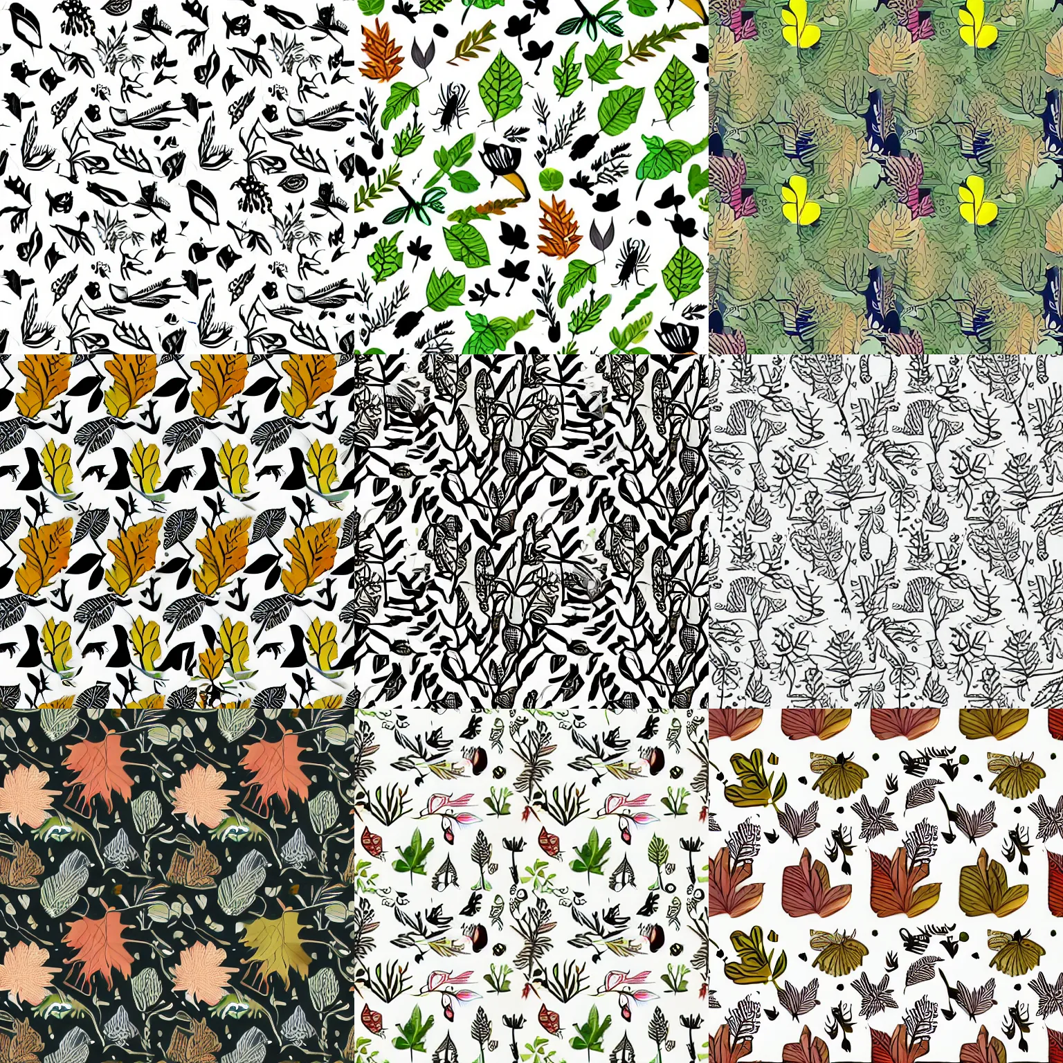 Prompt: cartoon pattern on the theme of nature with hand drawn colored leaves, herbs, flowers, insects, animals and other objects image clipart