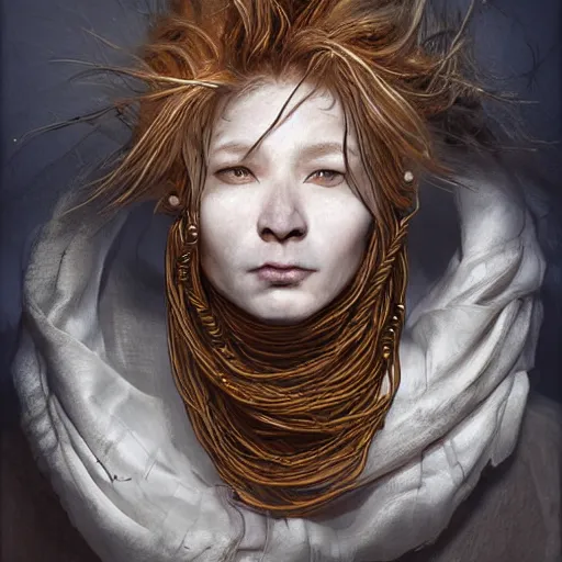 Image similar to portrait of a Shibari rope wrapped face and neck, headshot, insanely nice professional hair style, dramatic hair color, digital painting, of a old 17th century, old cyborg merchant, amber jewels, Art Nouveaux, ornate clothing, scifi, realistic, hyperdetailed, chiaroscuro, concept art, art by Franz Hals and Jon Foster and Ayami Kojima and Amano and Karol Bak,