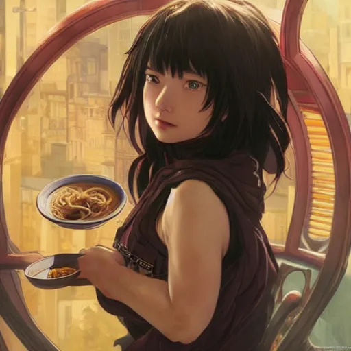 Prompt: cassandra cain as a college student, eating ramen, bokeh, beautiful face!!!!, 2 7 years old, cg animation, lifelike, animated, realistic, character select portrait, by artgerm, greg rutkowski, alphonse mucha, 3 d