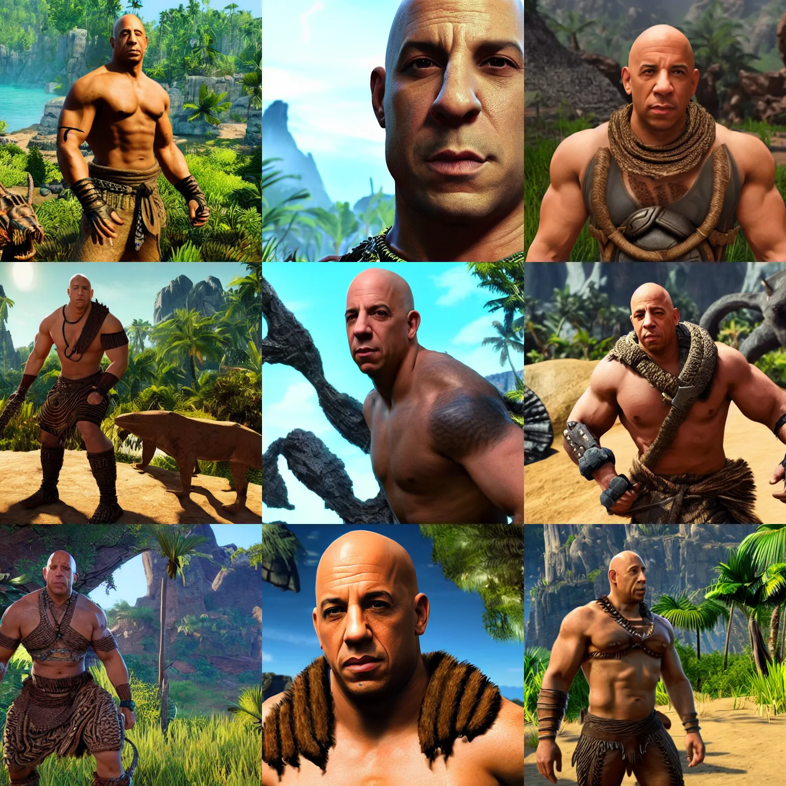 Prompt: vin diesel in a tribal outfit, screenshot from ark survival evolved, unreal engine 5