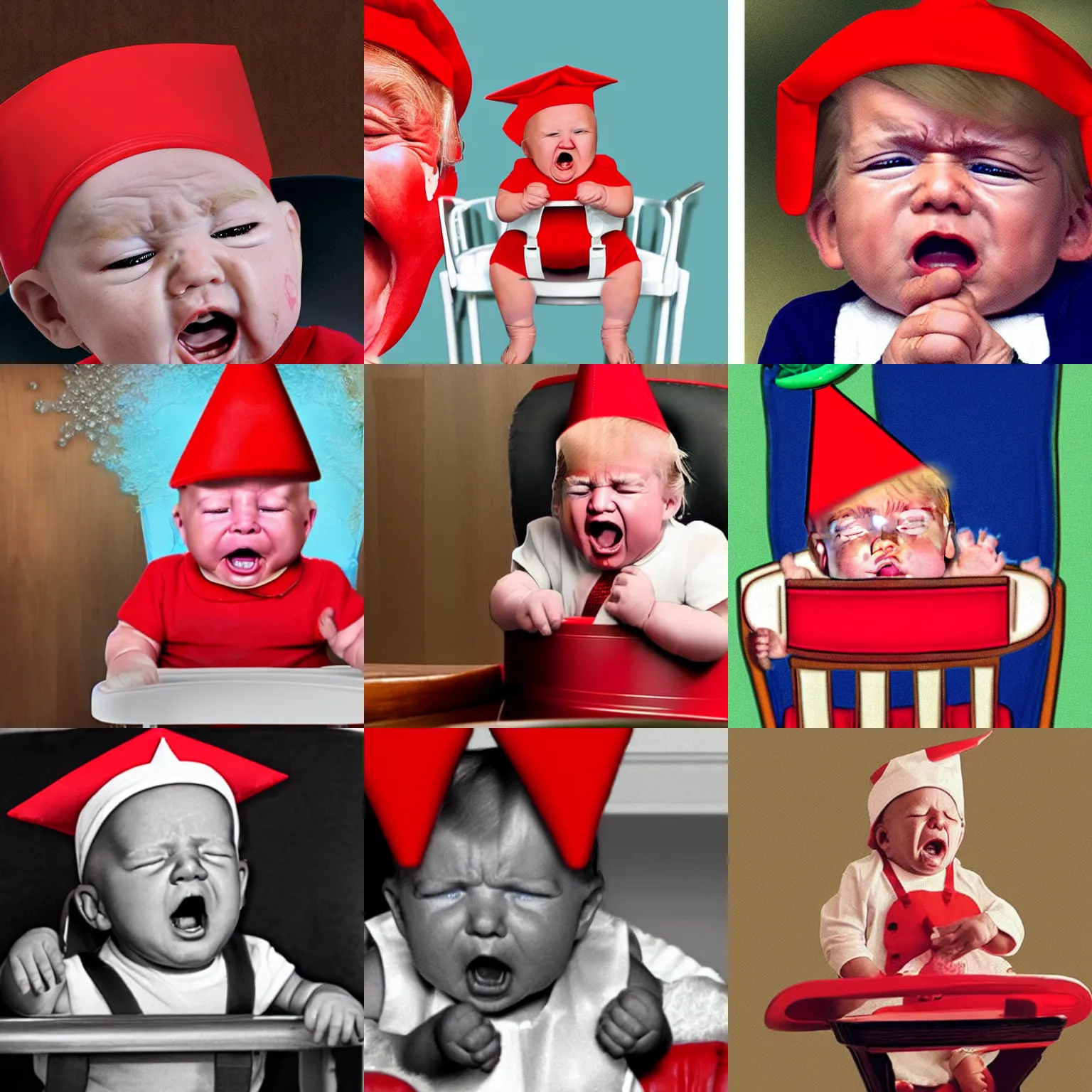 Prompt: photorealistic photo of donald trump as a crying baby in a high chair wearing a red dunce cap