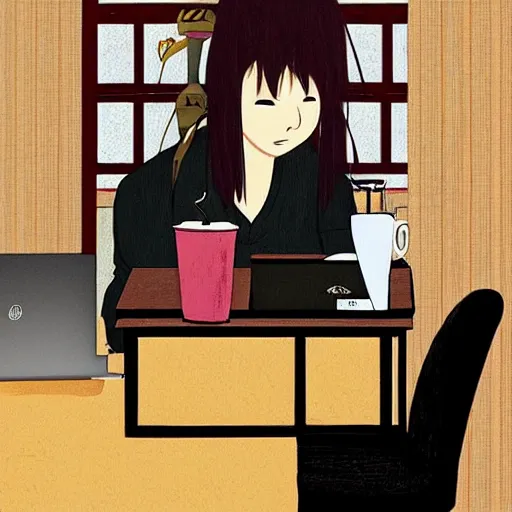 Prompt: woman at a coffee shop using a laptop, art by hayao miyazaki