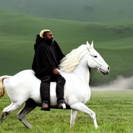 kanye west and gandalf riding white horses, on a grass Stable
