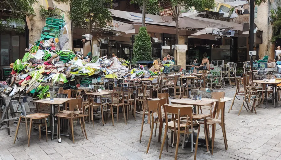 Prompt: a huge pile of chairs along outside the walls of the restaurant, hyperrealistic shaded