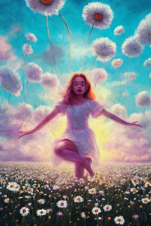 Prompt: exploding white daisy flower as head, girl dancing in a flower field, surreal photography, sunrise, dramatic light, impressionist painting, colorful clouds, digital painting, artstation, simon stalenhag