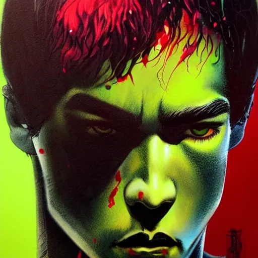 Image similar to a demon slayer portrait of bruce lee, tall, pale - skinned, and slender with lime green eyes and long eyelashes by stanley artgerm, tom bagshaw, arthur adams, carne griffiths, trending on deviant art, street art, face enhance, chillwave, maximalist, full of color, glittering