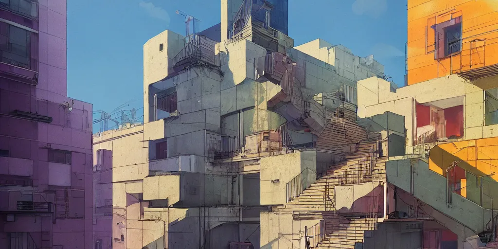 Image similar to neo brutralism, concrete housing, a long stairway going up, concept art, colorful, vivid colors, sunshine, light, shadows, reflections, oilpainting, cinematic, 3D, in the style of Akihiko Yoshida and Edward Hopper