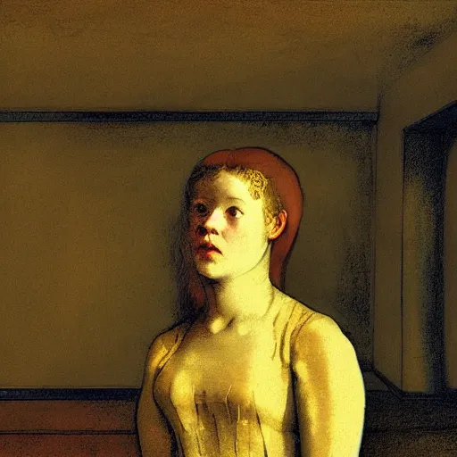 Image similar to a girl in a gold haunted liminal room, digital painting by goya, colors by pontormo, lights by hopper, extreme detail, liminal aesthetic, background art nouveau