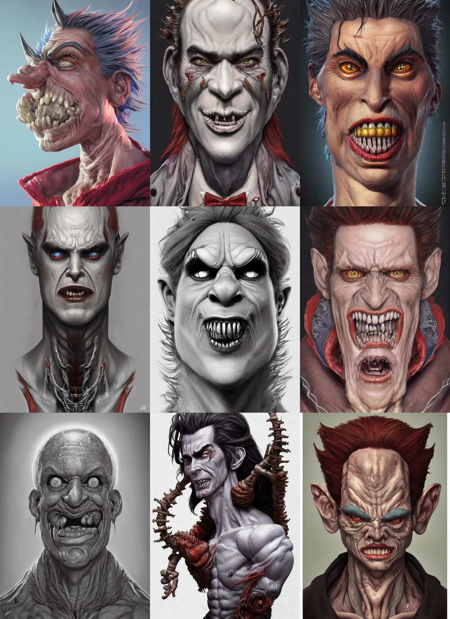 Prompt: a hyper detailed full face portrait of a handsome male as the king of pixar puppets, horror, sideshow figurines, diablo 4 lilith, by yusuke murata, by hiroya oku, by dorian cleavenger, by tom bagshaw, by zdzisław beksinski, trending on artstation