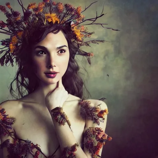 Prompt: fine art photo of the beauty gal gadot, she has a crown of dried flowers done by oleg oprisco