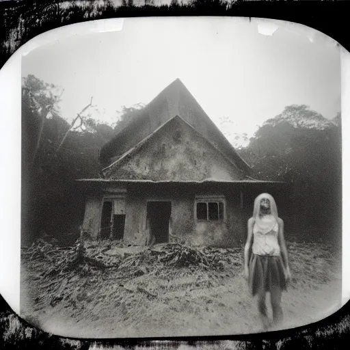 Image similar to an ancient evil-girl devouring the souls of the human kind on a mysterious Colombian jungle, mist, abandoned house, 1910 polaroid photography, grainy film, Black and white