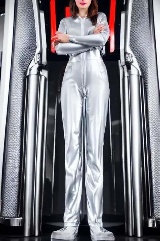 Image similar to beautiful russian woman wearing a chrome jumpsuit standing in front of a futuristic supercomputer, 4 k, studio lighting