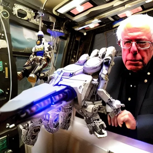 Prompt: Bernie Sanders riding a mechsuit in outer space with a plasma rifle