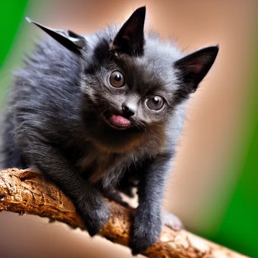 Image similar to a bat kitten, sitting on a tree, photo taken by a nikon, very detailed, 4k