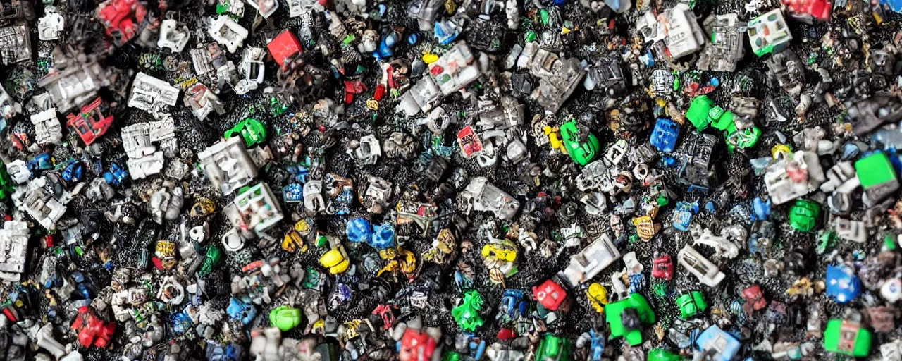 Image similar to a close up of a piece of plastiglomerate made from warhammer figures and xbox controllers, photographic, highly detailed