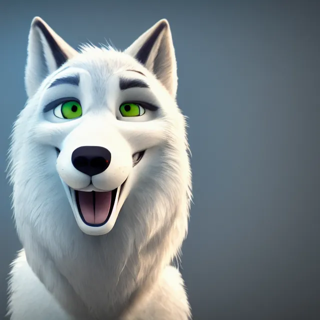 Prompt: portrait headshot of a handsome male white wolf in the style of zootopia, disney, volumetric lighting, subsurface scattering, photorealistic, octane render, random artists