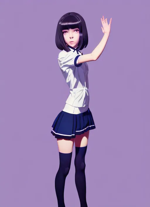 Image similar to full body beautiful and cute and aesthetic school girl greeting, very slightly smiling, wave a hand at the camera, perfect face, symmetric eyes, sharp focus, specular reflection, occlusion shadow, artstation, by ilya kuvshinov and jeremy lipking, light novel cover art, 3 d epic illustrations, symmetric body, model pose