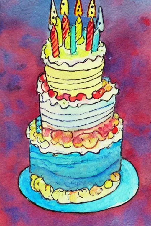 Prompt: birthday cake, postcard, watercolor, color theory