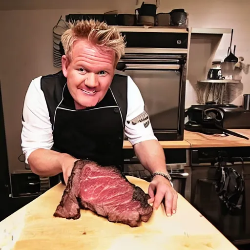 Image similar to Camcorder footage of Gordon Ramsey grilling a steak in the background, In the Backrooms (found footage)