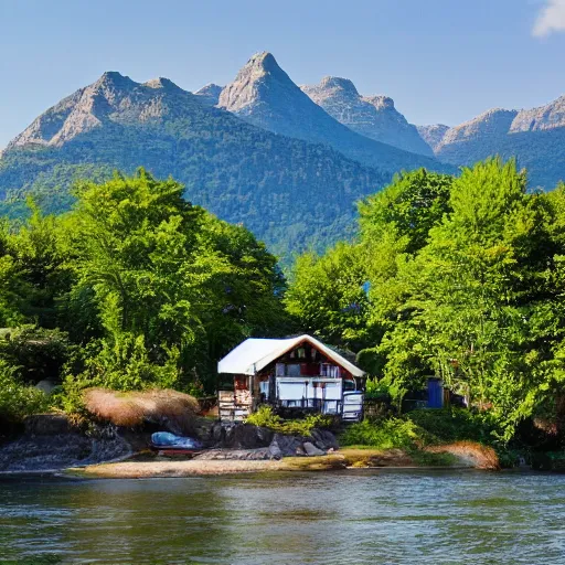 Prompt: A cottage on a river bank Surrounded by trees and mountains in the background and beach chairs in the foreground