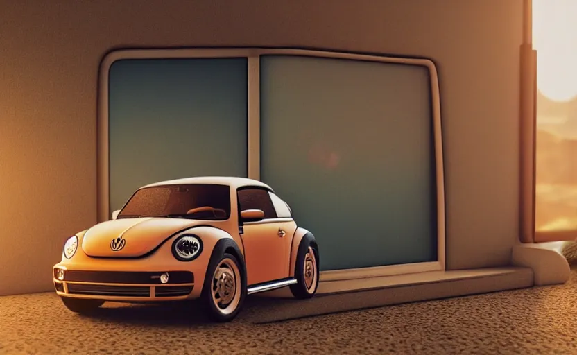 Image similar to a miniature of a VW Beetle on a bookshelf near a window at sunset, DOF, octane render, unreal engine 5, godrays, complementary colors, calm, symmetrical, highly detailed, high quality, 4k, beautiful, hyperrealistic