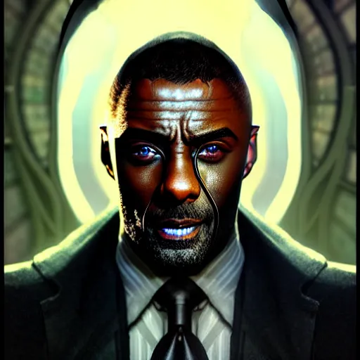 Image similar to portrait painting of a cyberpunk elven corporate boss idris elba, ultra realistic, concept art, intricate details, eerie, highly detailed, photorealistic, octane render, 8 k, unreal engine. art by artgerm and greg rutkowski and charlie bowater and magali villeneuve and alphonse mucha