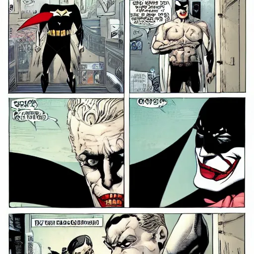 Prompt: Batman without pants, wearing white underwear, looking embarrassed in front of the Joker