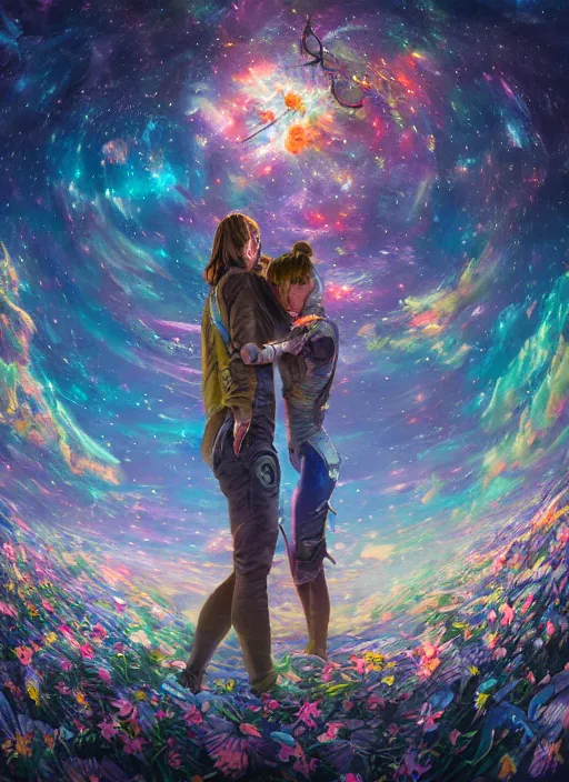 Image similar to An epic fantastic realism comic book style painting of the most beautiful entwined flowers launched across the dark and starry night sky, nebulous bouquets, fisheye lens, unreal 5, DAZ, hyperrealistic, octane render, dynamic lighting