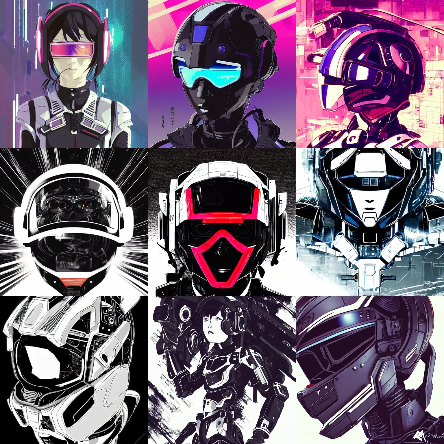 Prompt: vector illustration ink drawing of an anime manga cyberpunk black 👧🏿 athletic gundam pilot portrait with an intricate futuristic urban inspired helmet, hyperrealistic oil painting, by makoto shinkai and ilya kuvshinov and lois van baarle and rossdraws and basquiat, trending on artstation, black and white, chromatic aberration, monochrome color palette,