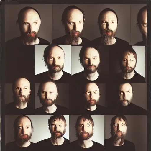 Image similar to Radiohead, Thom, with a beard and a black shirt, a computer rendering by Martin Schoeller, cgsociety, de stijl, uhd image, tintype photograph, studio portrait, 1990s, calotype