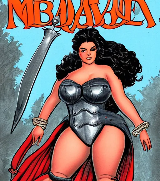 Image similar to 1 9 8 0 s fantasy novel book cover, bbw plus size amazonian ariel winter in extremely tight bikini armor wielding a cartoonishly large sword, exaggerated body features, dark and smoky background, low quality print
