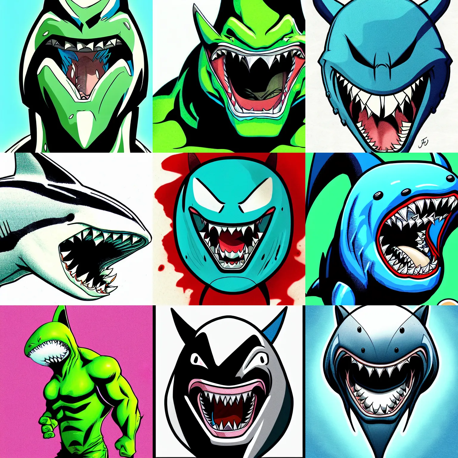 Prompt: anthropomorphic widehead calm shark!!! jim lee!!! face macro shot!!! flat! ink sketch colorised by jim lee close up in the style of jim lee, ninja! battle rugged hulk shark animal superhero by jim lee