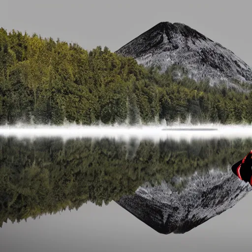 Image similar to photo of two black swans swimming in a beautiful reflective mountain lake, touching heads, forming a heart with their necks, a hot air balloon flying above the swans , granular detail, hot air balloon, intricate, portrait, 8k highly professionally detailed, HDR, CGsociety, octane render, 4k, f32,55mm photography, wide angle