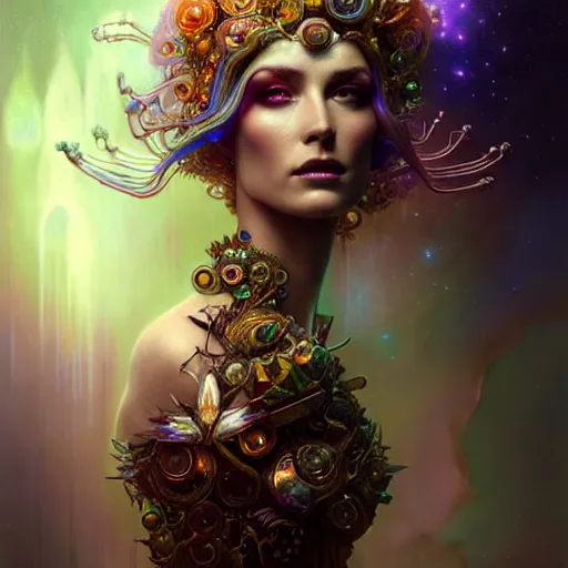 Image similar to extremely psychedelic beautiful cyborg queen of lsd infected by night. intricate, elegant, highly detailed, extremely lifelike photorealistic digital painting, artstation. steichen, gaston bussiere, tom bagshaw, cyberpunk alphonse mucha. elegant minimalism. anatomically correct. sultry. sharp focus. white. surreal lush hallucination