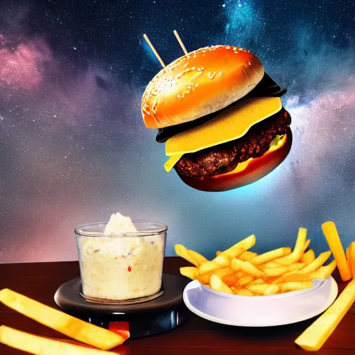 Image similar to a burger and fries and shake floating through space, realism, 4 k, galaxy, milky way, high detail