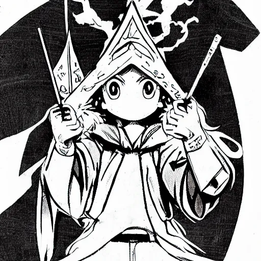 Image similar to wizard, illustrated by mato and ken sugimori, manga, black and white illustration