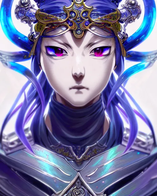 Image similar to anime portrait of an iridescent opal cyborg shinobi, intricate ornate details, morandi color scheme, fantasy, elegant, highly detailed, wide angle, digital painting, artstation, concept art, smooth, sharp focus, illustration, wallpaper, dynamic pose, splash art, league of legends, art by artgerm and greg rutkowski and bo chen and jin xiaodi