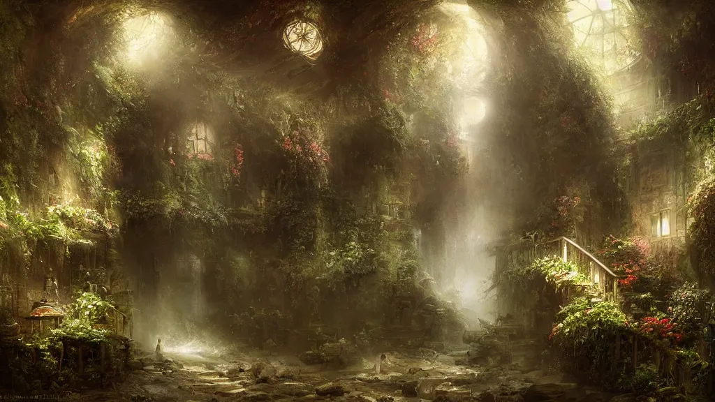 Prompt: hidden underground is a tiny, secret garden. andreas achenbach, artgerm, mikko lagerstedt, zack snyder, tokujin yoshioka